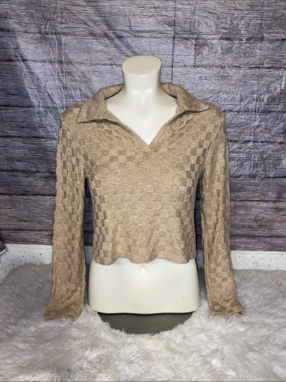 Atelier By Kirious Women’s Beige Checkered Collared Cropped Knit Top